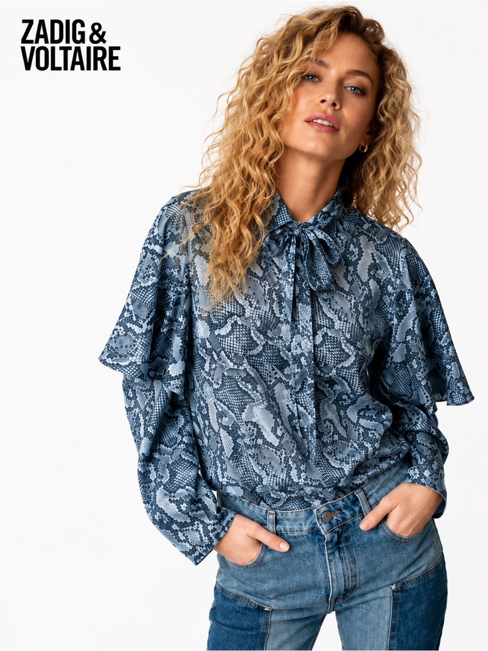 NWT Zadig & Voltaire Tolmea CDC Wild Silk Blouse Top Blue Snake Print Size S